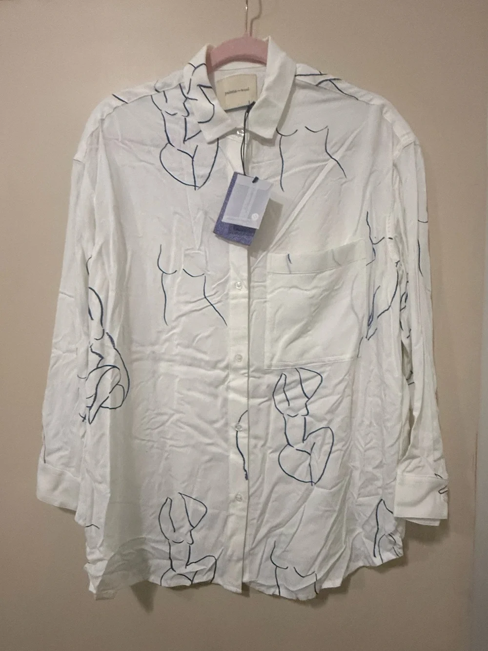 NWT PALOMA WOOL WOMENS LEANDRA BUTTON-UP BLOUSE, SIZE OS (MEDIUM), WHITE/BLUE - Picture 3 of 14
